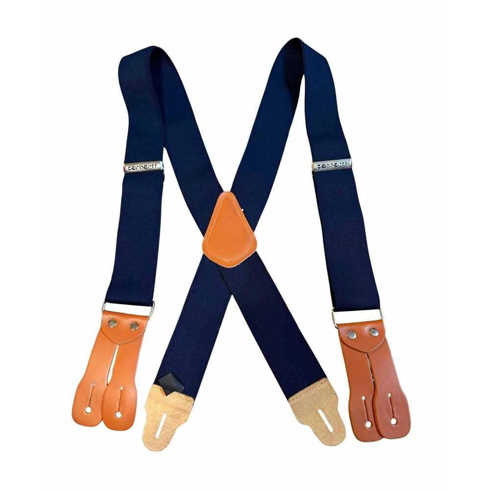 Carhartt Navy Blue Suspenders Leather Button Ends Adjustable X Back Workwear